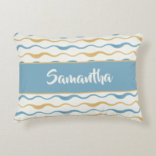 Yellow & Teal Waves Personalized Nautical Boho Accent Pillow