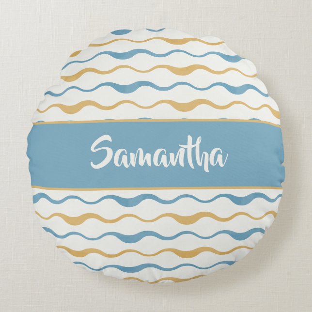 Yellow & Teal Waves Personalized Nautical Boho Round Pillow (Front)