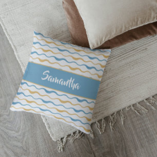 Yellow & Teal Waves Personalized Nautical Boho Throw Pillow