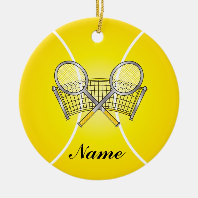 Yellow Tennis Ball Personalize Ceramic Ornament (Front)