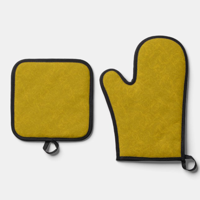 Yellow textured surface with  swirling pattern oven mitt & pot holder set (Front)