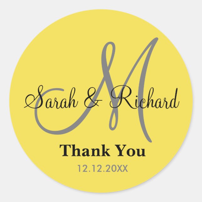 Yellow Thank You Wedding Monogram Sticker (Front)