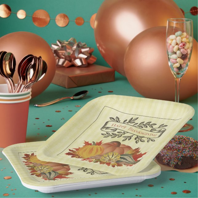 Yellow Thanksgiving Pumpkins and Squash Paper Plate (Multi)