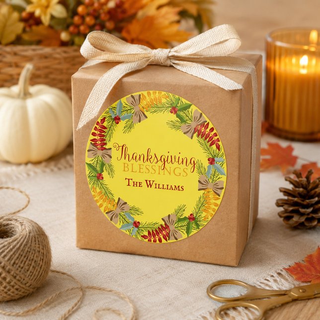 Yellow Thanksgiving Wreath Classic Round Sticker (Creator Uploaded)
