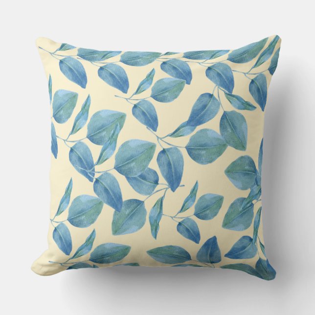 Yellow Throw Pillow With Blue Leaves  (Front)