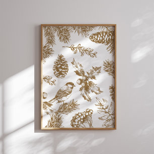 Yellow Toile Christmas Bird and Pine Poster