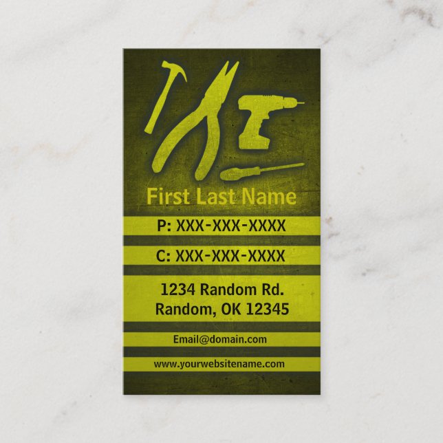 Yellow tools grunge custom business cards (Front)