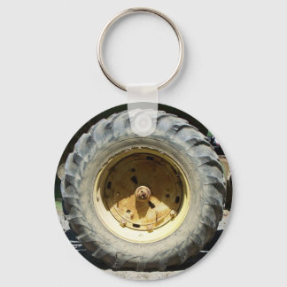 yellow tractor wheel keychain