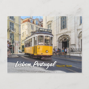 yellow tram in lisbon, portugal postcard