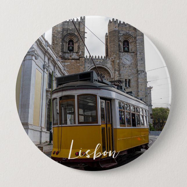 Yellow tram on Lisbon Cathedral in Portugal 4 Inch Round Button (Front)