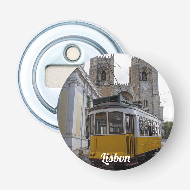 Yellow tram on Lisbon Cathedral in Portugal Bottle Opener (Front)