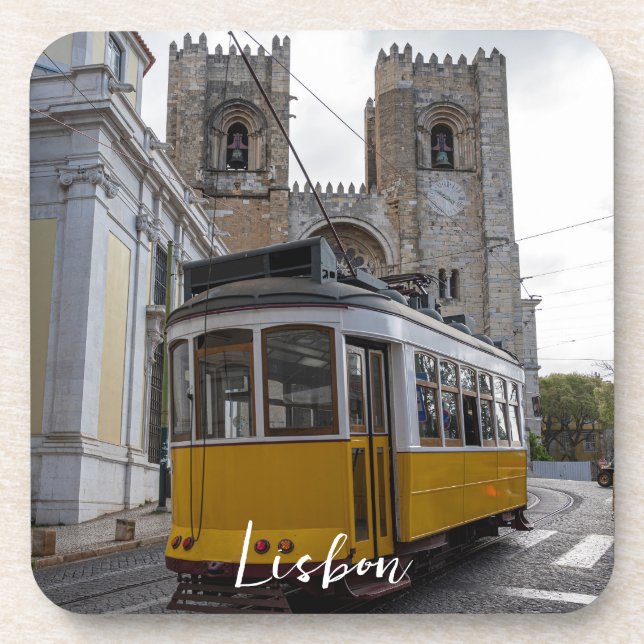 Yellow tram on Lisbon Cathedral in Portugal Coaster (Front)
