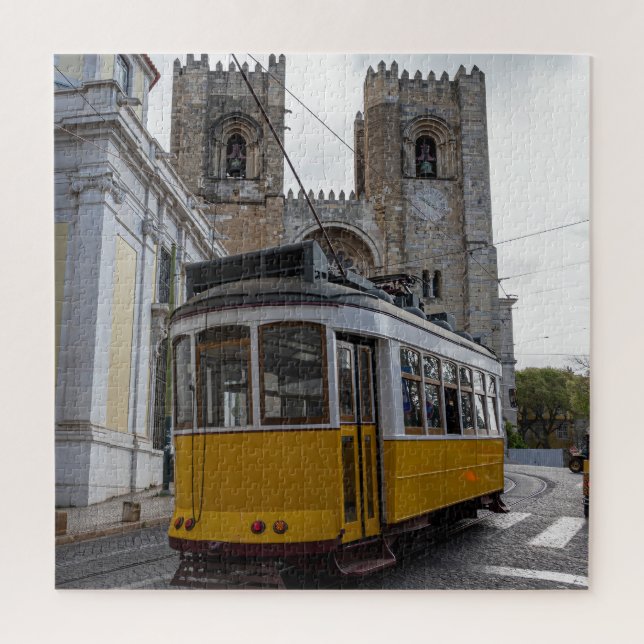 Yellow tram on Lisbon Cathedral in Portugal Jigsaw Puzzle (Vertical)