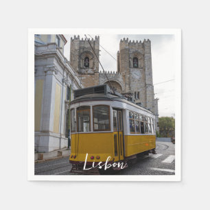 Yellow tram on Lisbon Cathedral in Portugal Napkin