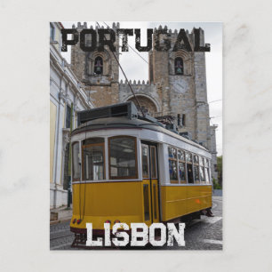 Yellow tram on Lisbon Cathedral in Portugal Postcard
