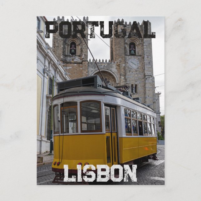 Yellow tram on Lisbon Cathedral in Portugal Postcard (Front)