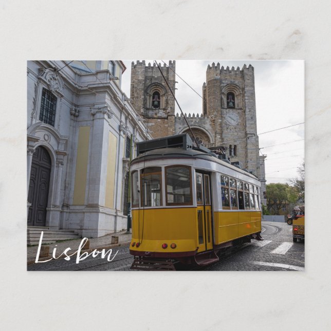 Yellow tram on Lisbon Cathedral in Portugal Postcard (Front)