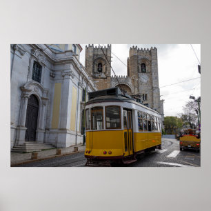 Yellow tram on Lisbon Cathedral in Portugal Poster