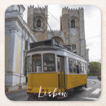 Yellow tram on Lisbon Cathedral in Portugal Square Paper Coaster<br><div class="desc">Traditional yellow tram in front of Lisbon Cathedral in Lisbon, Portugal</div>