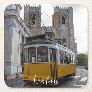 Yellow tram on Lisbon Cathedral in Portugal Square Paper Coaster