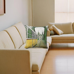 yellow tram on the Liberty bridge Throw Pillow