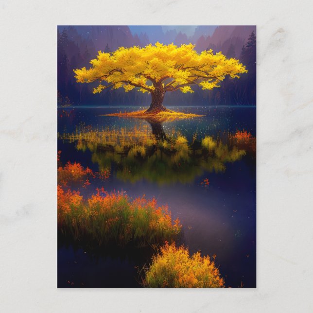 Yellow Tree in the Middle of the Lake Postcard (Front)