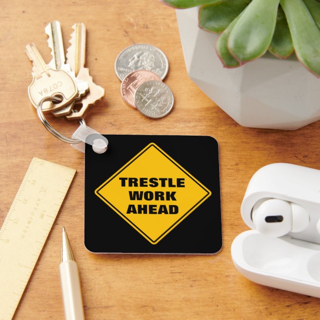 Yellow trestle work ahead road sign personalized keychain (Desk)