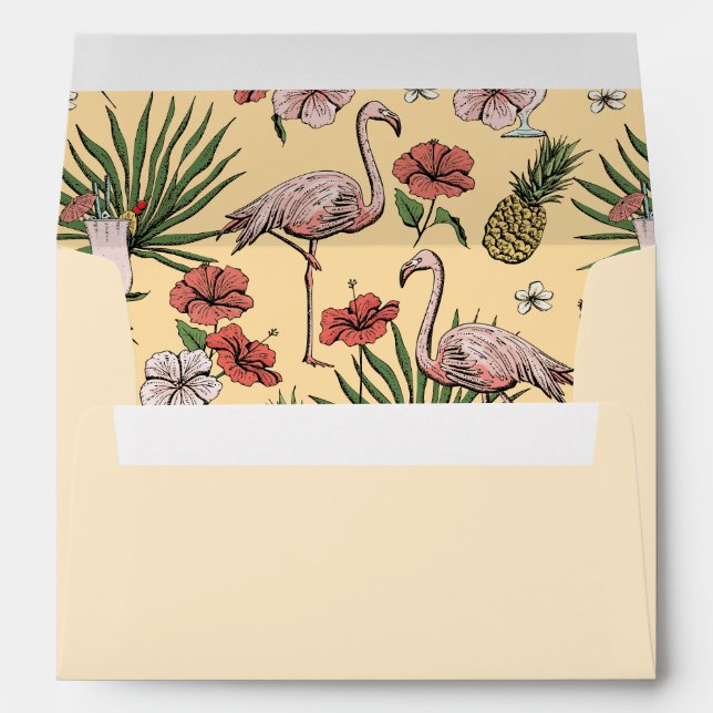 Yellow Tropical Flamingo, Hibiscus & Leaves Beach Envelope (Back (Bottom))