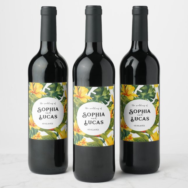 Yellow Tropical Floral Wedding Wine Label (Bottles)