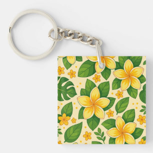 Yellow Tropical Flowers with Lush Green Leaves Keychain