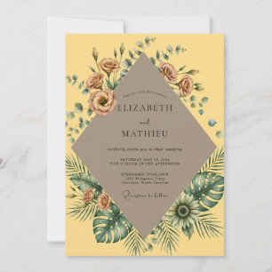 Yellow Tropical Palm Muted Eucalyptus Wedding Invitation