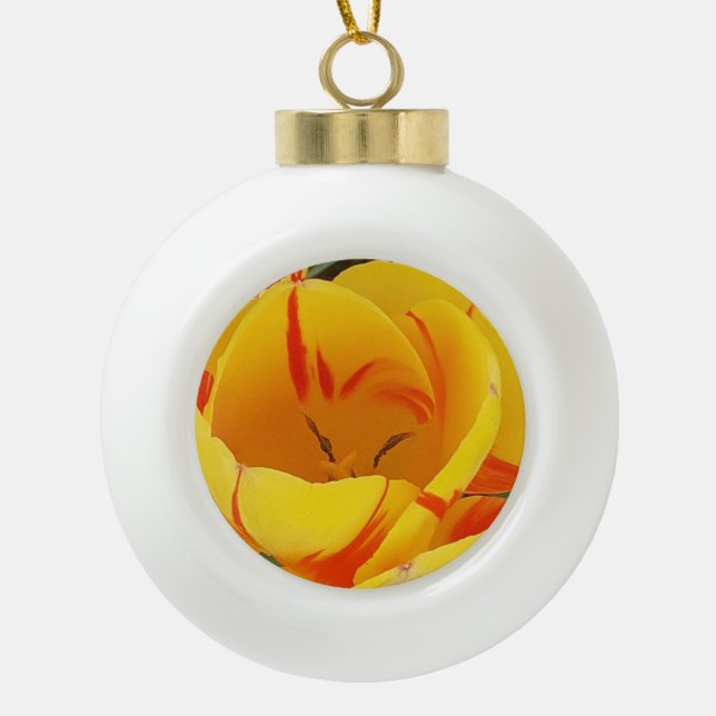 Yellow Tulip Ceramic Ball Christmas Ornament (Front)