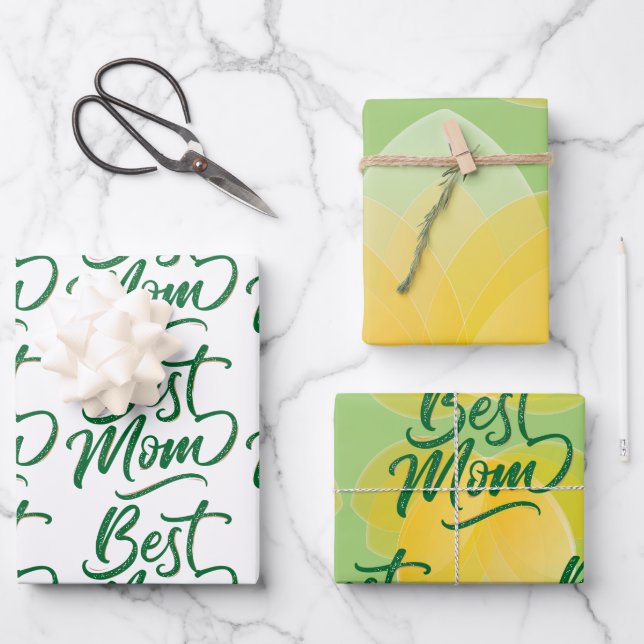 Yellow Tulip Design, Script Lettering Best Mom Wrapping Paper Sheet (Front)
