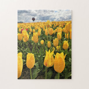 Yellow Tulip Field with Hot Air Balloon Jigsaw Puzzle
