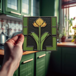 Yellow Tulip Geometrical Flower Mid-Century Tile