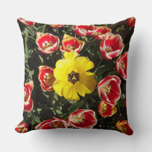 Yellow Tulip in Red Tulips Field Throw Pillow