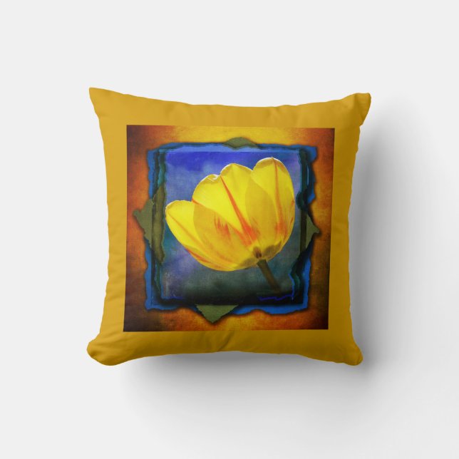 Yellow Tulip on Blue Green Orange Grunge Pillow (Front)