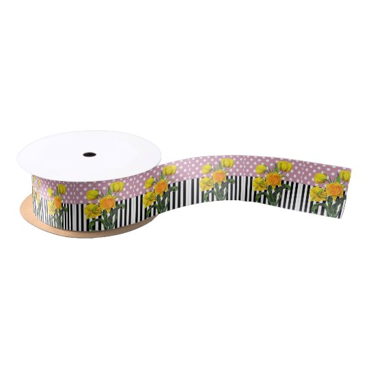 yellow tulip polka dot pattern satin ribbon