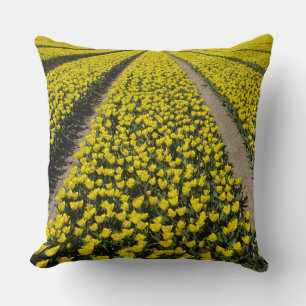 Yellow Tulips Field Rows Throw Pillow