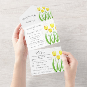 Yellow Tulips Floral Watercolor Spring Wedding All In One Invitation