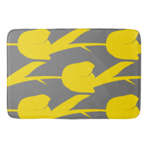 Yellow Tulips Gold Floral Flowers Patterns Grey Bath Mat