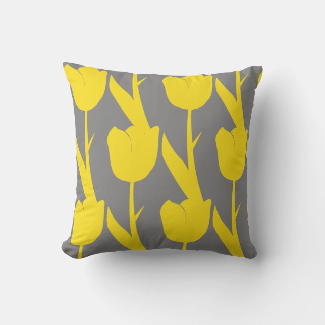 Yellow Tulips Gold Floral Flowers Patterns Grey Outdoor Pillow (Front)