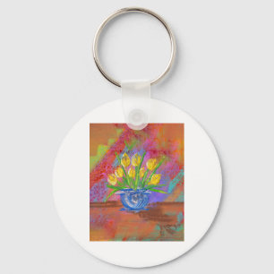 Yellow Tulips In A Blue Bowl Sticker  Keychain