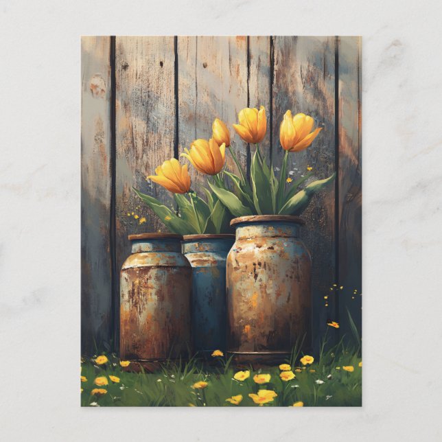 Yellow Tulips in Rustic Cannisters Art Postcard (Front)