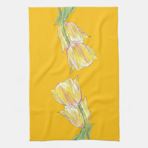 Yellow Tulips on Golden Background Kitchen Towel
