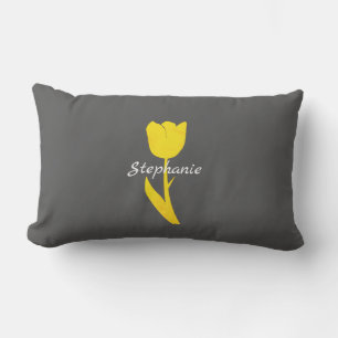 Yellow Tulips Pattern Monograms Floral Grey Custom Lumbar Pillow