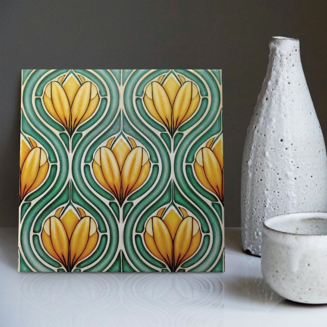 Yellow Tulips Symmetric Pattern Art Nouveau Tile (Creator Uploaded)