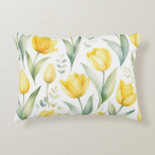 Yellow Tulips Watercolor Floral Painting Botanical Accent Pillow