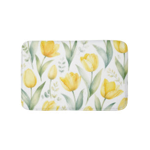 Yellow Tulips Watercolor Floral Painting Botanical Bath Mat