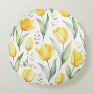 Yellow Tulips Watercolor Floral Painting Botanical Round Pillow